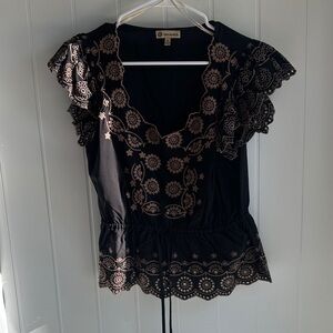 Democracy Black Top with Cream Floral Embroidery